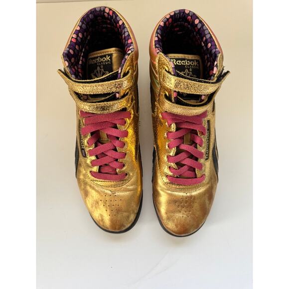 Reebok Freestyle Hi Women’s 8.5 Gold Metallic Retro High-Top Sneakers Rare - Picture 2 of 8